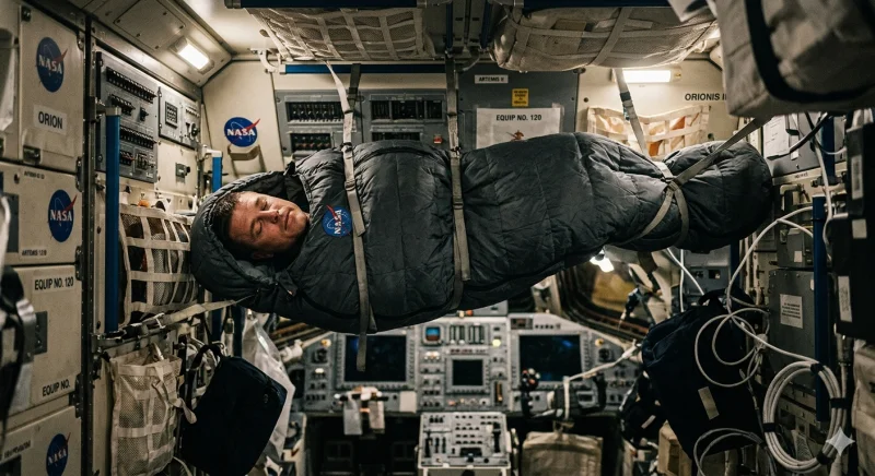 Artemis II astronaut sleeping in a tethered sleeping bag inside the Orion spacecraft, floating in microgravity.