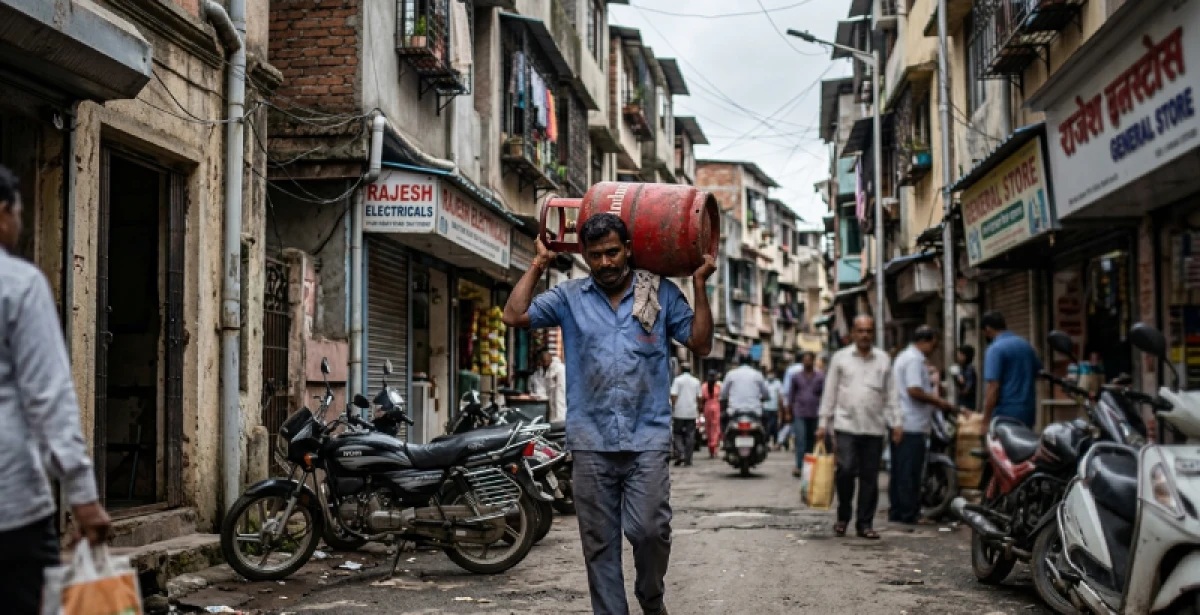 An LPG cylinder being delivered in an urban setting in India, representing new supply regulations.