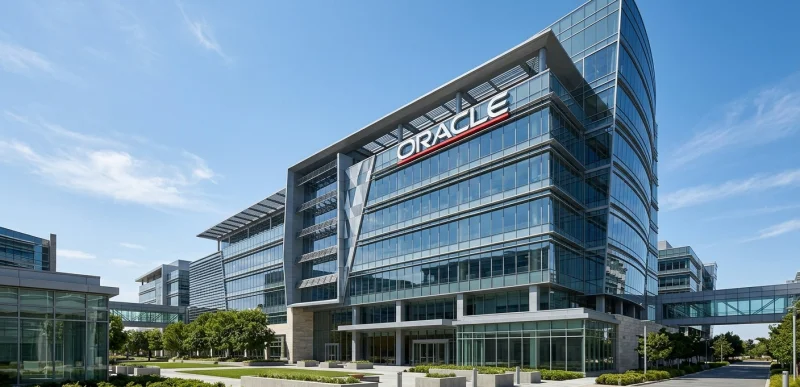 Oracle logo displayed on a modern office building facade.
