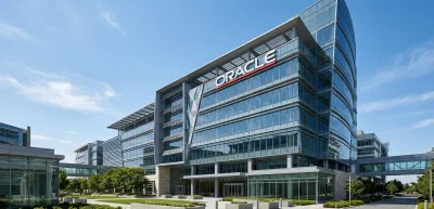 Oracle logo displayed on a modern office building facade.