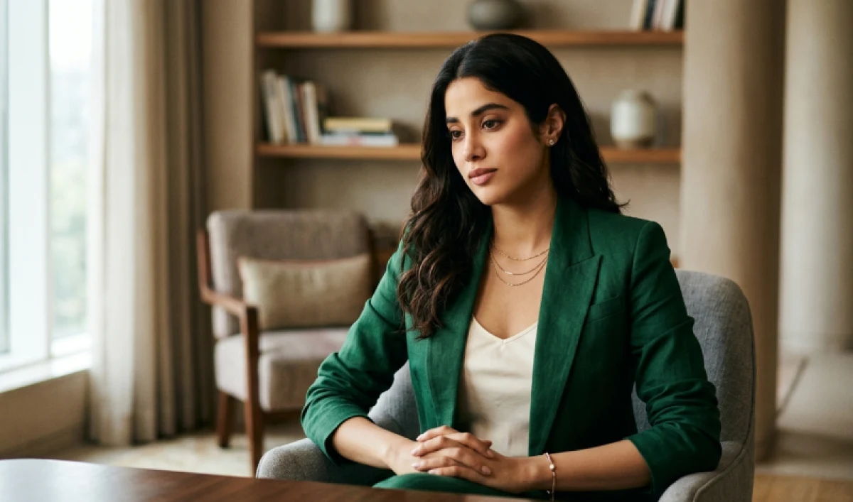 Actress Janhvi Kapoor in a thoughtful pose during an interview.