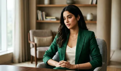 Actress Janhvi Kapoor in a thoughtful pose during an interview.