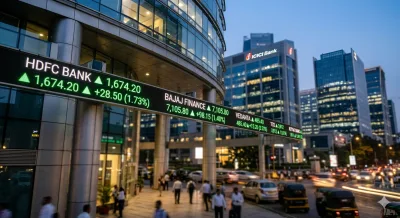 Stock market chart with upward trend overlaid with company logos of HDFC Bank, Bajaj Finance, and Vedanta.