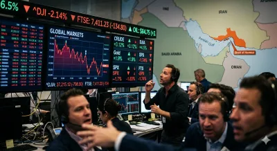 Stock market trading floor with red and green arrows on screens, overlaid with a subtle map of the Middle East, symbolizing market reaction to geopolitical events.